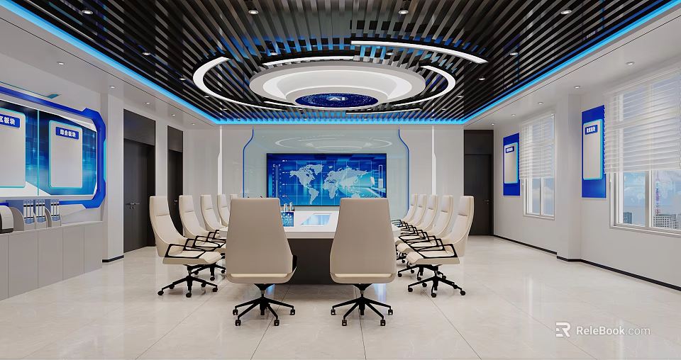 Modern Conference Room Interior With Large Table Digital Display And Comfortable Chairs 3d model