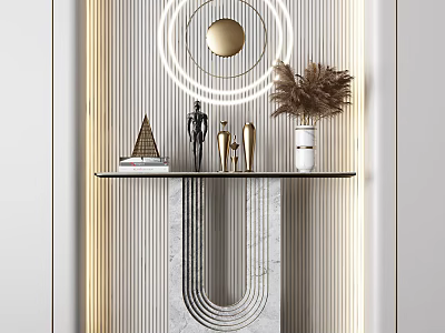 Modern Console Table Design With Circular Lighting Marble Base And Pampas Grass Decor 3d model