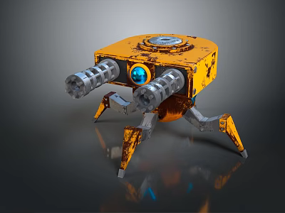 Yellow Mechanical Robot With Spider Legs Blue Eye And Cannon Barrels 3d model
