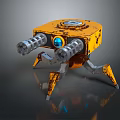 Yellow Mechanical Robot With Spider Legs Blue Eye And Cannon Barrels
