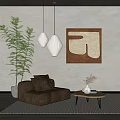 Modern Brown Leather Single Sofa With Side Table Green Plant Wall Art And Hanging Lamp