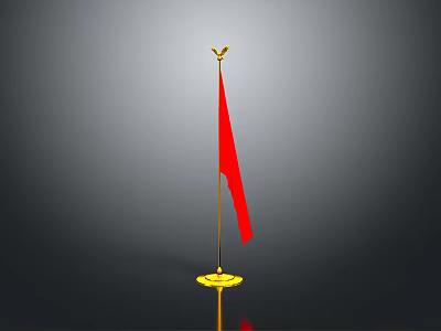Golden Flagpole With Red Flag And Golden Base On Gray Background 3d model