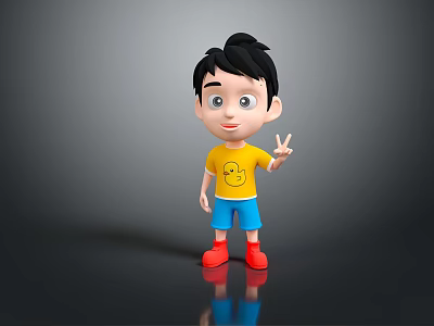 Cartoon Boy With Duckling Yellow T Shirt Making Peace Sign In Gray Gradient Background 3d model