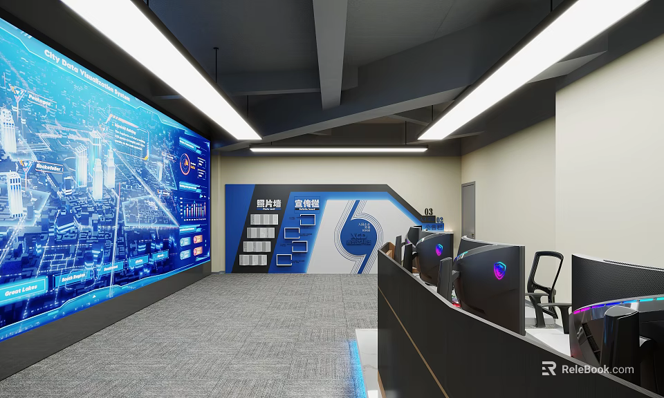 Modern Tech Control Room With Large Screen Data Displays And Computer Workstations 3d model 