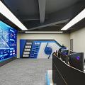 Modern Tech Control Room With Large Screen Data Displays And Computer Workstations