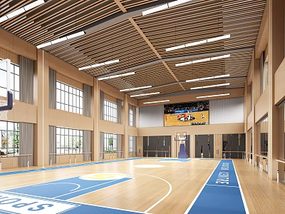 Basketball Gym Interior Design With Wooden Ceiling Hanging Lights And Blue Basketball Court Floor 3d model