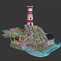 Cartoon Scene With Lighthouse Small Houses Palm Tree Rocks And Water Area