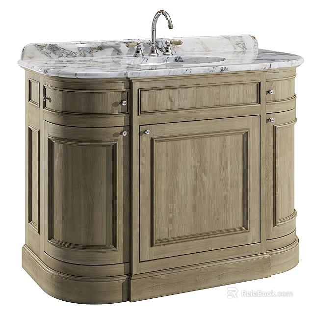 Traditional Wooden Bathroom Vanity With Marble Countertop Double Sinks And Cabinet Doors 3d model 