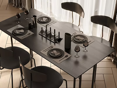 Modern Dining Table Set With Black Chairs Plates Wine Glasses Candle Holders And Placemats 3d model
