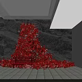 Red Flower Wall Decor With Red Bench And Gray Marble Background White Display Cabinet