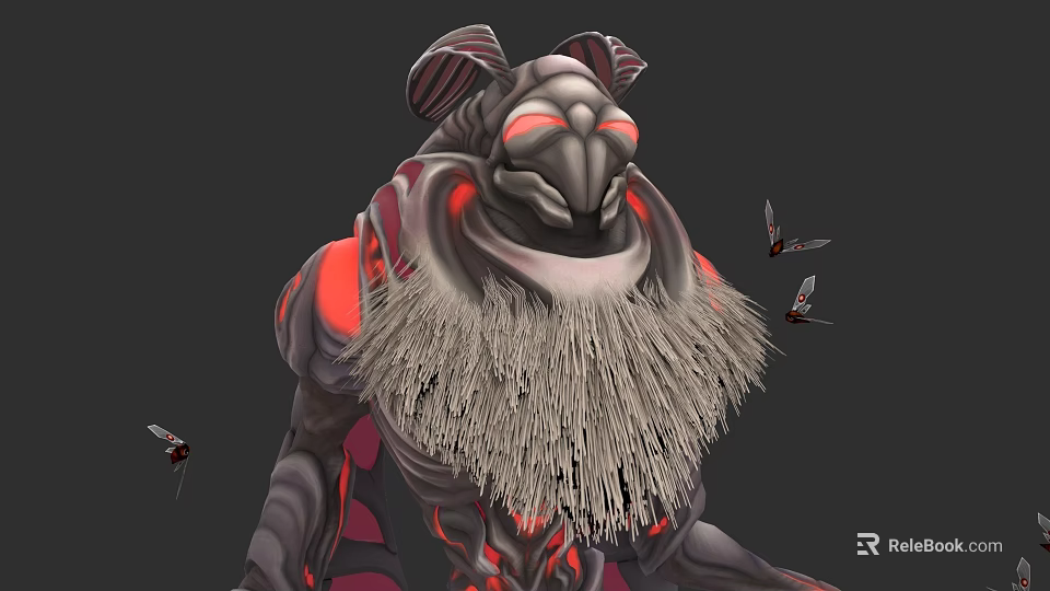 Monstrous Character With Shaggy Beard Glowing Red Eyes And Flying Insects 3d model 