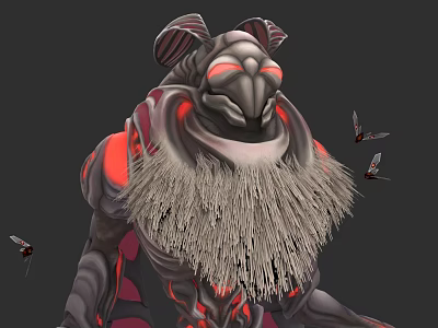 Monstrous Character With Shaggy Beard Glowing Red Eyes And Flying Insects 3d model