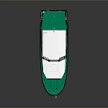 Small Modern White Cabin Boat With Red Bottom Green Railings And Lifebuoy