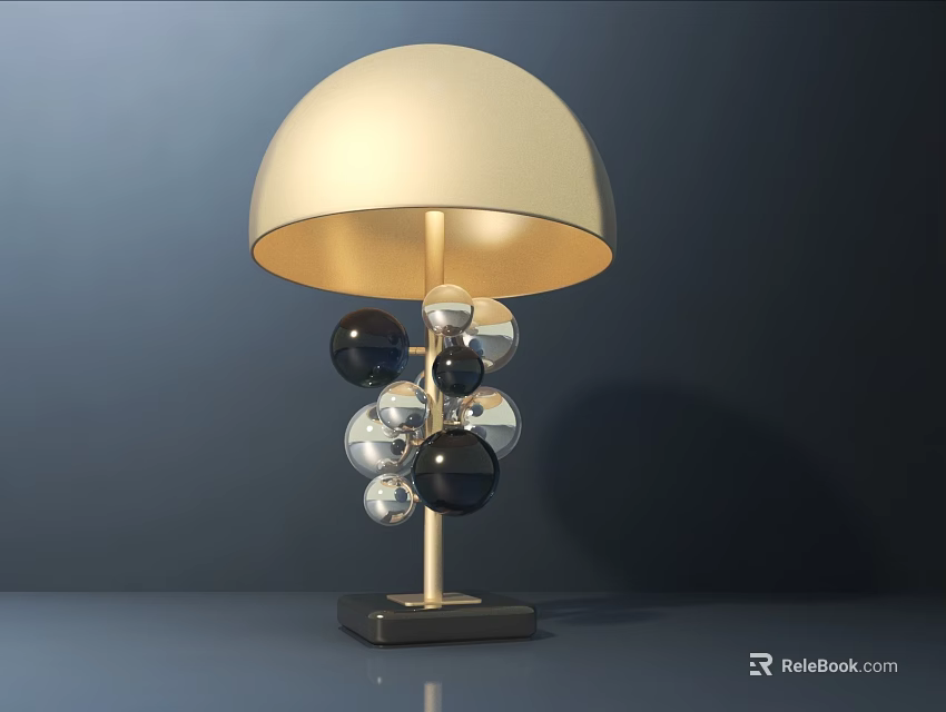 Modern Table Lamp with Golden Lampshade Black and Silver Spheres on Black Square Base 3d model 