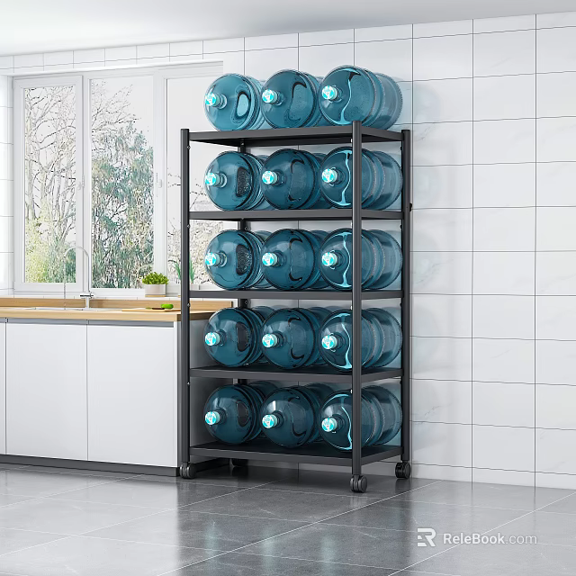 Multi tier Kitchen Storage Rack With Blue Water Jugs On Wheels And White Cabinets 3d model 