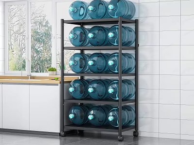Multi tier Kitchen Storage Rack With Blue Water Jugs On Wheels And White Cabinets 3d model