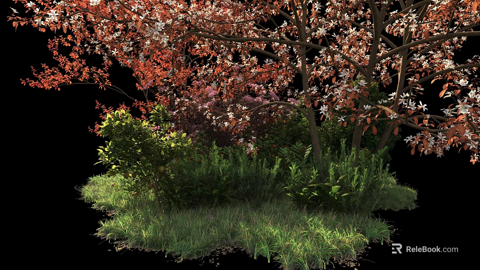 Lush Green Shrubs In Garden Landscape With Red Leaf Trees And Grass 3d model 