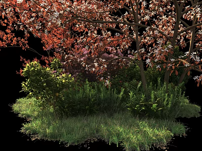 Lush Green Shrubs In Garden Landscape With Red Leaf Trees And Grass 3d model