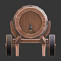Wooden Barrel Mounted On Vintage Cart With Spoked Wheels And Handles