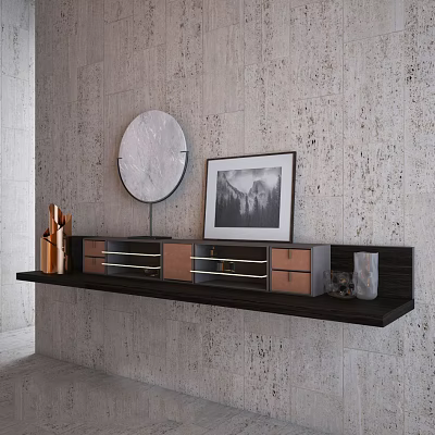 Modern Wall Cabinets with Round Mirror Black White Painting and Copper Decorations on Textured Wall 3d model