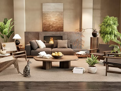 Cozy Modern Living Room Interior With Fireplace Sofa Coffee Table Fruits Plants And Artwork 3d model