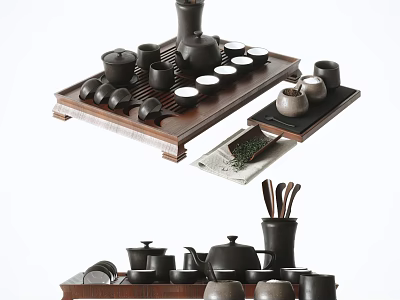Classic Wooden Tea Set Featuring Teapot Teacups and Serving Tray on 3d model
