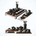 Classic Wooden Tea Set Featuring Teapot Teacups and Serving Tray on