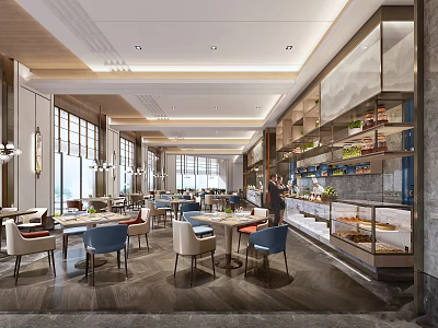 Modern Luxury Restaurant Open Layout With Marble Bar Counter Seating Pendant Lights And Display Shelves 3d model