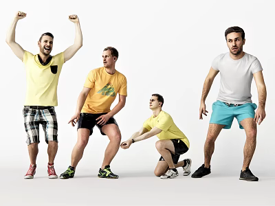 Group of Men in Casual Outfits Performing Various Active Poses Together 3d model