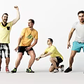 Group of Men in Casual Outfits Performing Various Active Poses Together