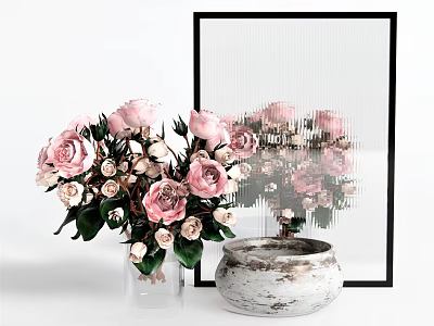 Fresh Pink Roses In Transparent Glass Vase And White Textured Ceramic Pot With Decorative Frame 3d model