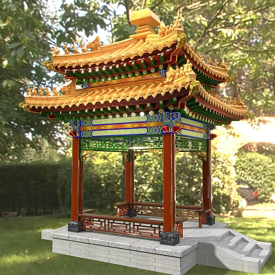 Traditional Chinese Pavilion With Golden Roof Red Pillars And Green Decorations Surrounded By Trees 3d model