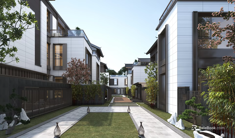 Modern Townhouse Exterior Design With Courtyard Pathway And Lush Greenery 3d model 