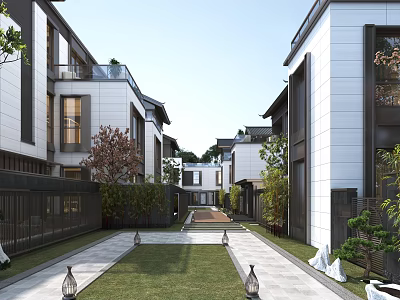 Modern Townhouse Exterior Design With Courtyard Pathway And Lush Greenery 3d model