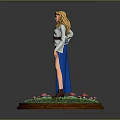 Blonde Female Wearing White Top And Blue Skirt On Grass Base With Pink Flowers Stone Path
