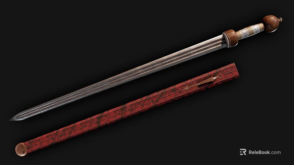 Decorative Antique Sword With Striped Metal Blade Red Scabbard And Wooden Handle 3d model 
