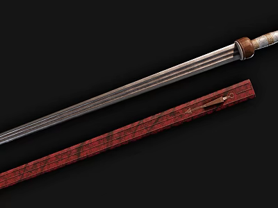 Decorative Antique Sword With Striped Metal Blade Red Scabbard And Wooden Handle 3d model