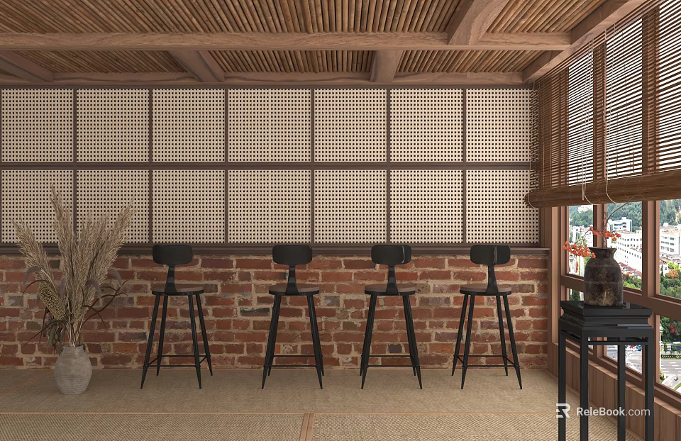 Rustic Bar Counter Area With Wooden Ceiling Rattan Screens Brick Wall And Black Bar Stools 3d model 