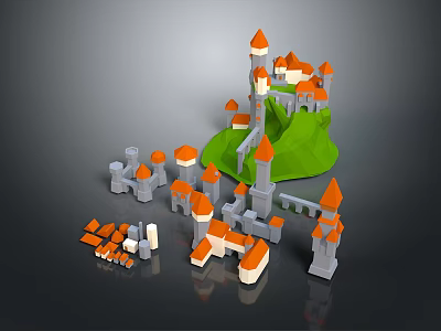 Colorful Cartoon Scenery Featuring Castle Green Hill And Orange Roof Small Buildings 3d model