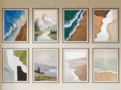 Abstract Paintings With Diverse Styles Natural Themes Waves Mountains And Geometric Shapes Framed Wall Art 3d model