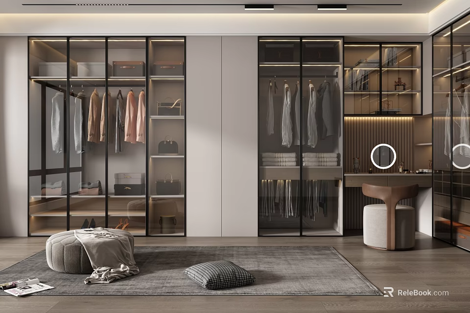 Modern Walk in Closet With Glass Doors And Cozy Seating 3d model 
