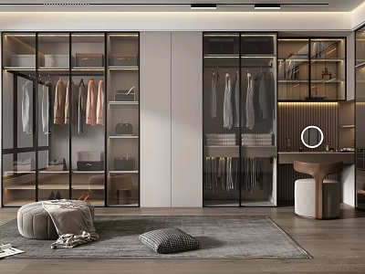 Modern Walk in Closet With Glass Doors And Cozy Seating 3d model