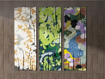 Three Different Colorful Square Rugs with Abstract Natural Patterns on Wooden Floor 3d model