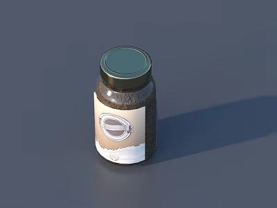 Spice Jar With Green Lid Containing Dark Powdered Spices Round Logo Label On Gray Background 3d model