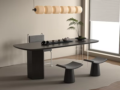 Modern Tea Table and Chairs with Hanging Lamp Potted Plant Near Window 3d model