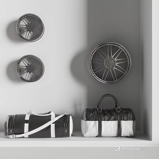 Black And White Luggage Bags With Wall Mounted Wheels In Corner 3d model 