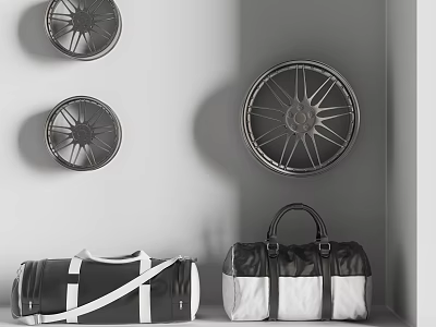 Black And White Luggage Bags With Wall Mounted Wheels In Corner 3d model