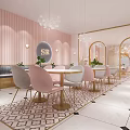 Charming Dessert Shop Interior With Pink Walls Marble Counter And Pastry Displays