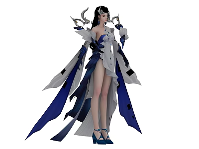 Game And Movie Character In Blue And White Outfit With Long Flowing Cape Ornate Headdress 3d model