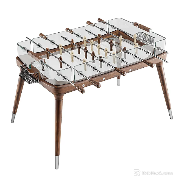 Modern Foosball Table With Glass Top Wooden Legs And Player Figures For Home Game Room 3d model 
